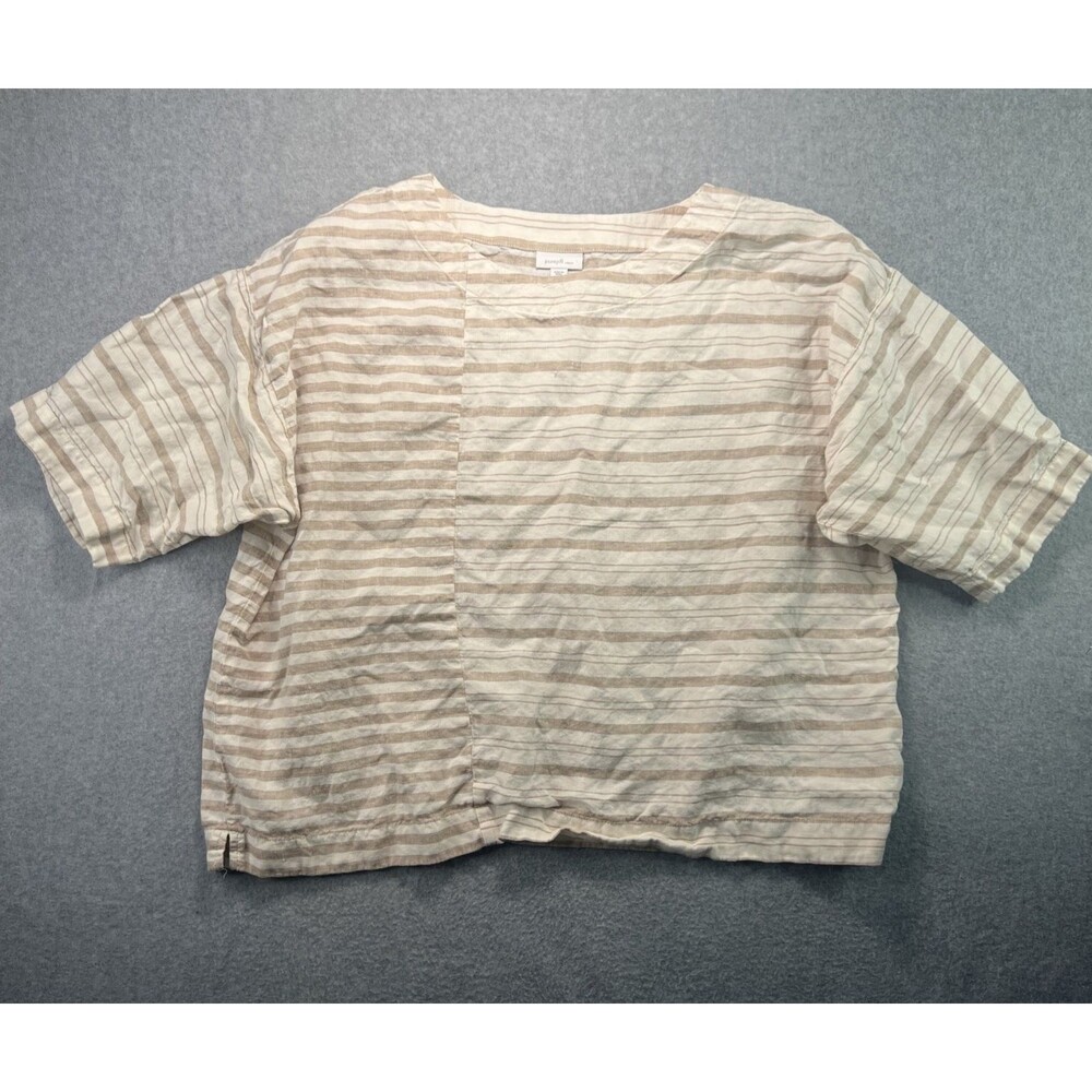 Pure JIll Linen Top Large Beige Stripe Lagenlook Beachy Coastal Grandma Boho